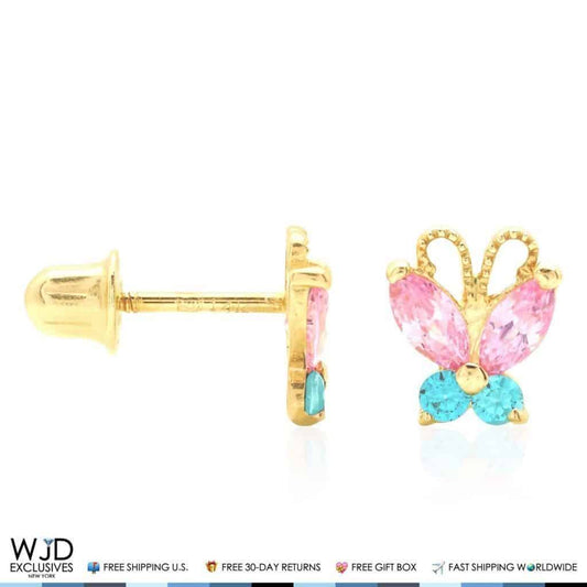 14K Yellow Gold Pink Tourmaline Blue Topaz Butterfly Screwback Stud Earrings