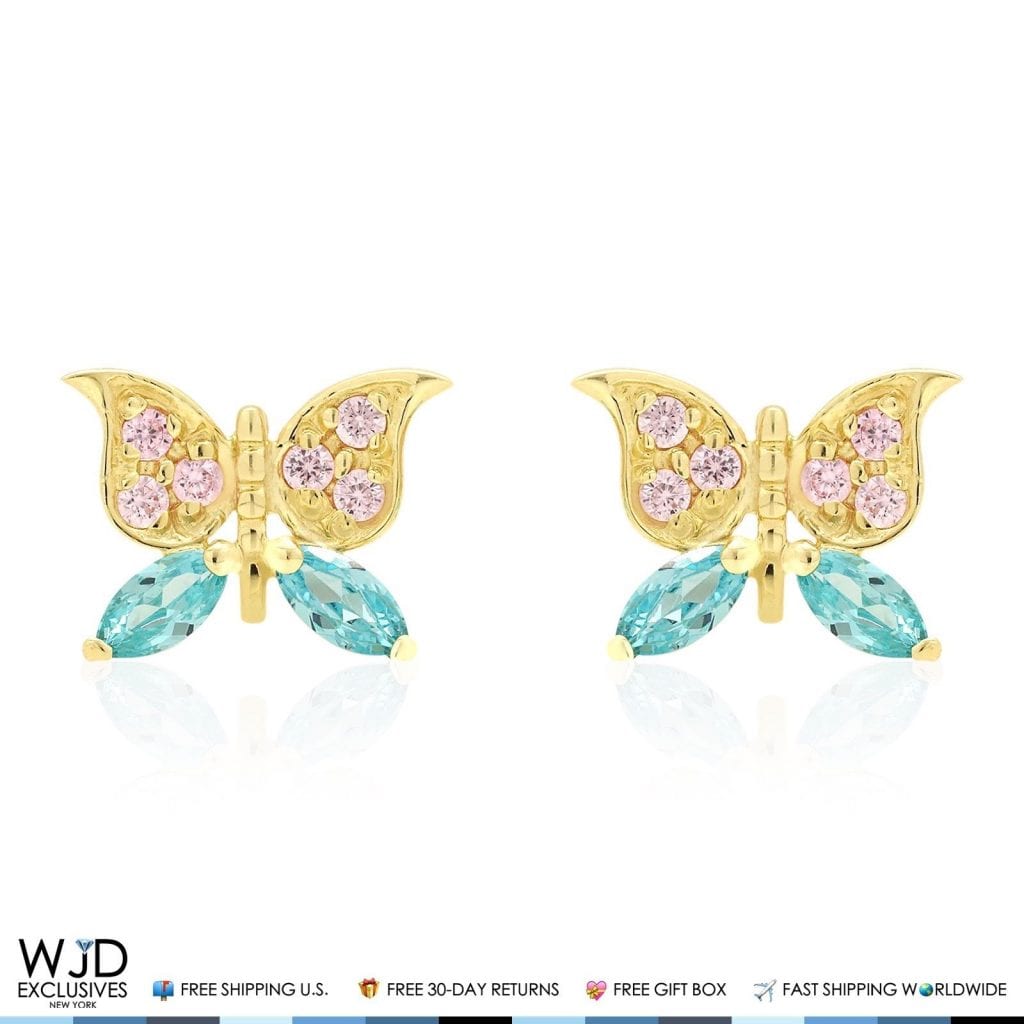 14K Yellow Gold Pink Tourmaline & Blue Topaz Butterfly Screwback Stud Earrings