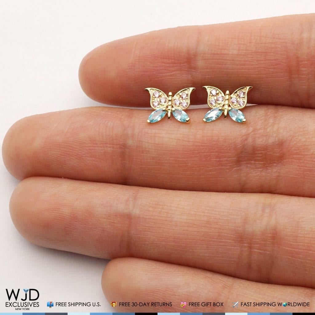 14K Yellow Gold Pink Tourmaline & Blue Topaz Butterfly Screwback Stud Earrings