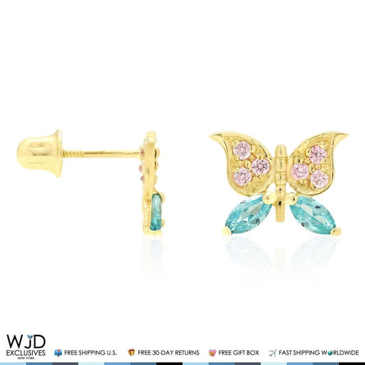 14K Yellow Gold Pink Tourmaline & Blue Topaz Butterfly Screwback Stud Earrings