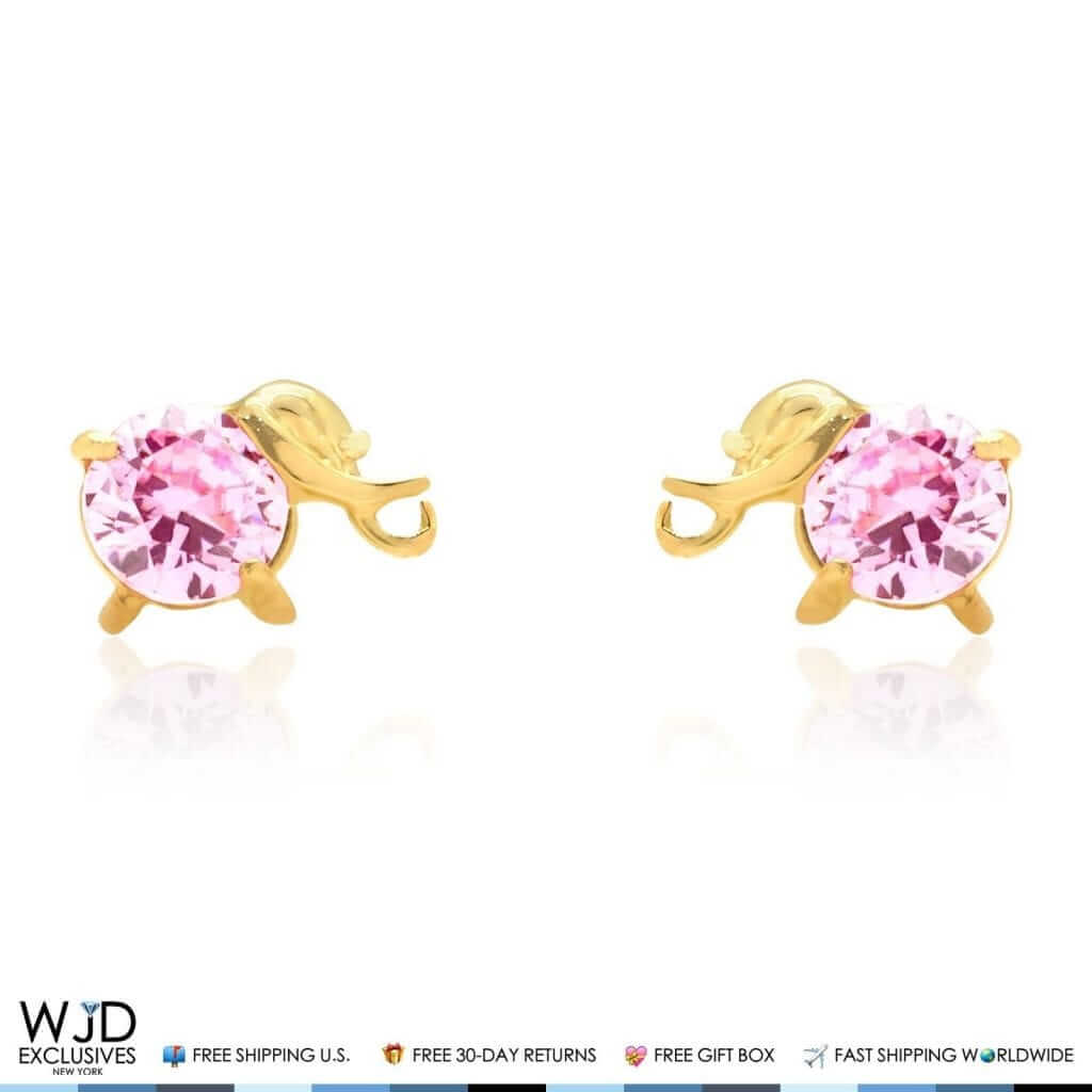 14K Yellow Gold Round Pink Tourmaline Elephant Baby Screwback Stud Earrings