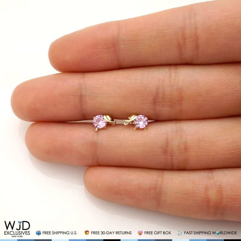 14K Yellow Gold Round Pink Tourmaline Elephant Baby Screwback Stud Earrings