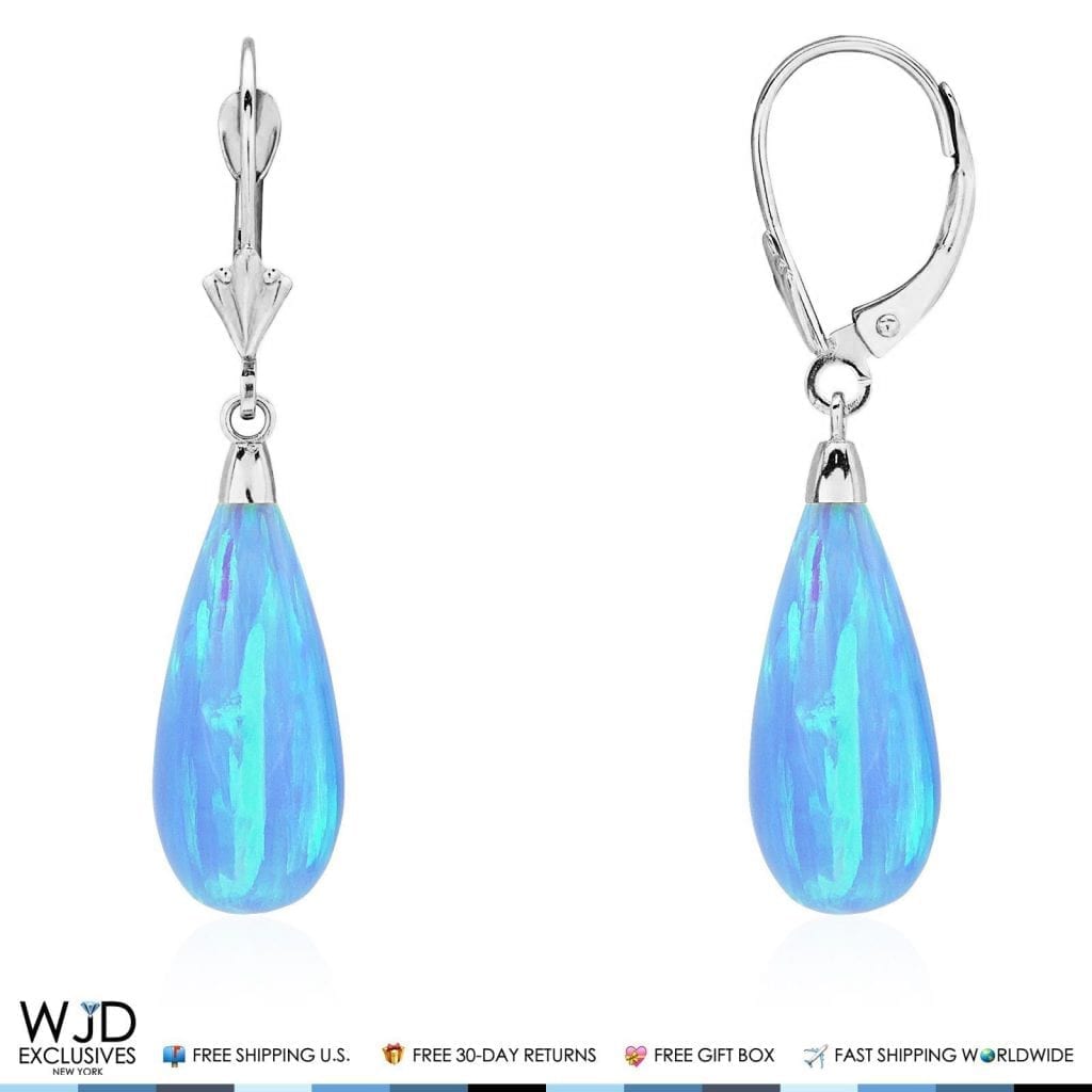 14k White Gold Fire Opal Teardrop Leverback Earrings 1.5"