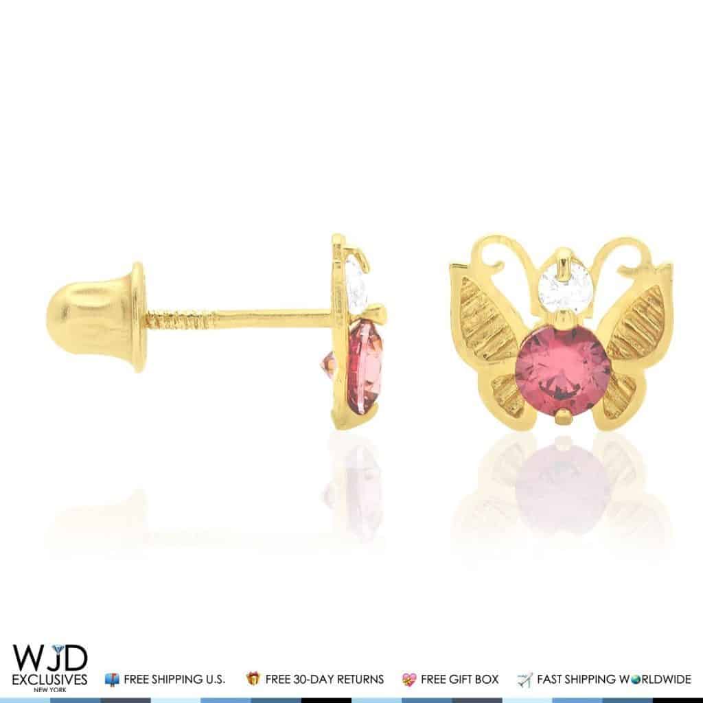14K Yellow Gold Simulated Birthstone Butterfly Screw Back Stud Earrings