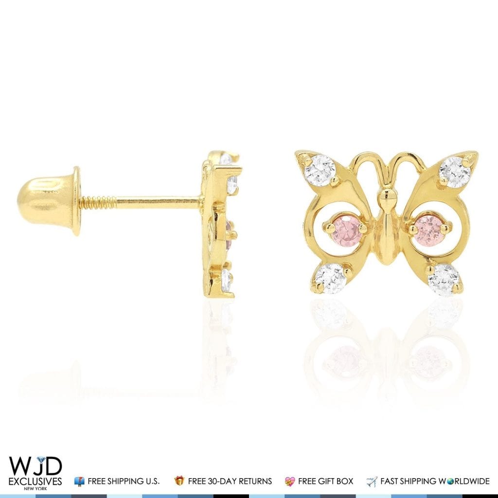 14K Yellow Gold White Zircon & Birthstone Butterfly Screw Back Stud Earrings