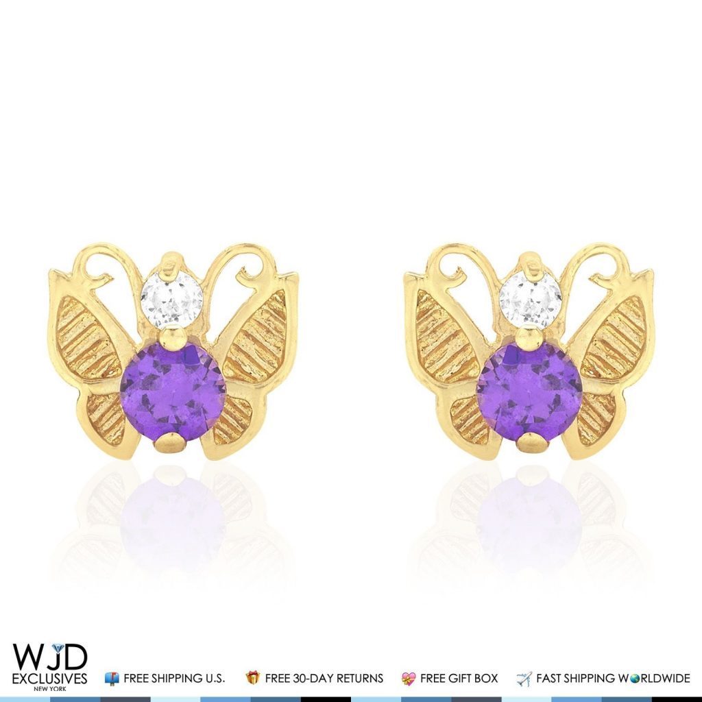 14K Yellow Gold Simulated Birthstone Butterfly Screw Back Stud Earrings