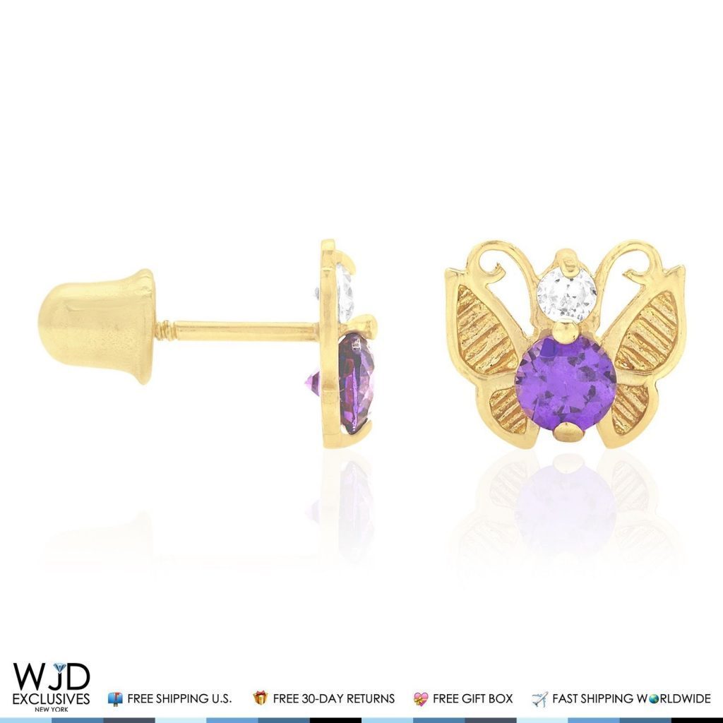14K Yellow Gold Simulated Birthstone Butterfly Screw Back Stud Earrings