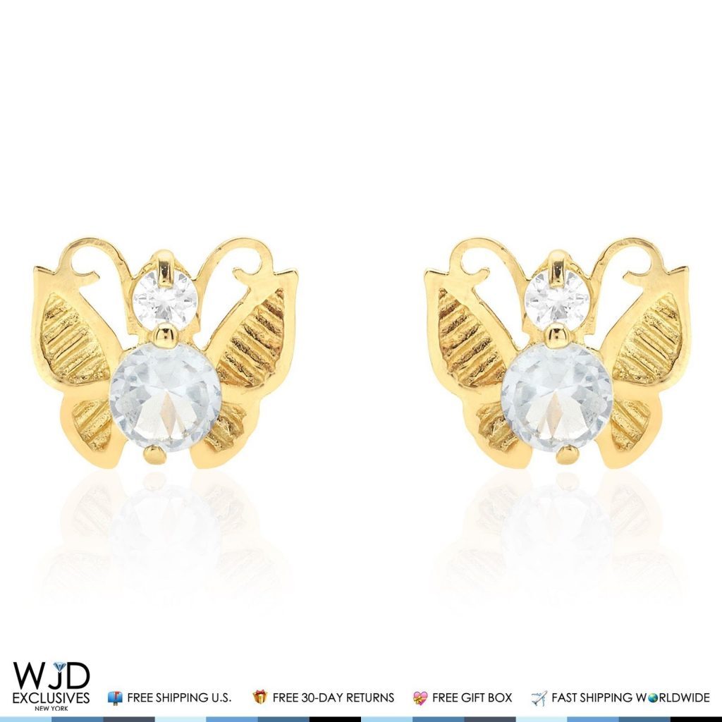 14K Yellow Gold Simulated Birthstone Butterfly Screw Back Stud Earrings