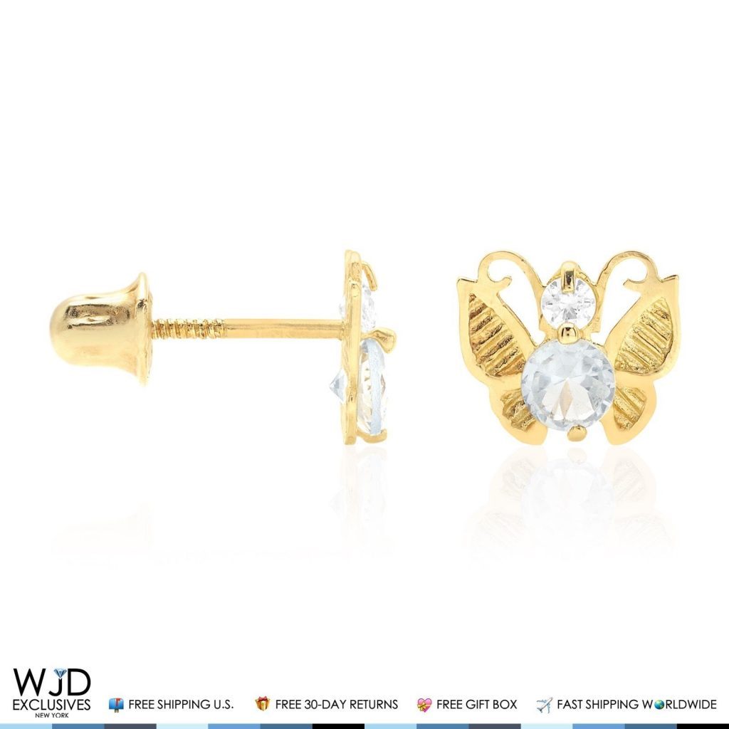 14K Yellow Gold Simulated Birthstone Butterfly Screw Back Stud Earrings
