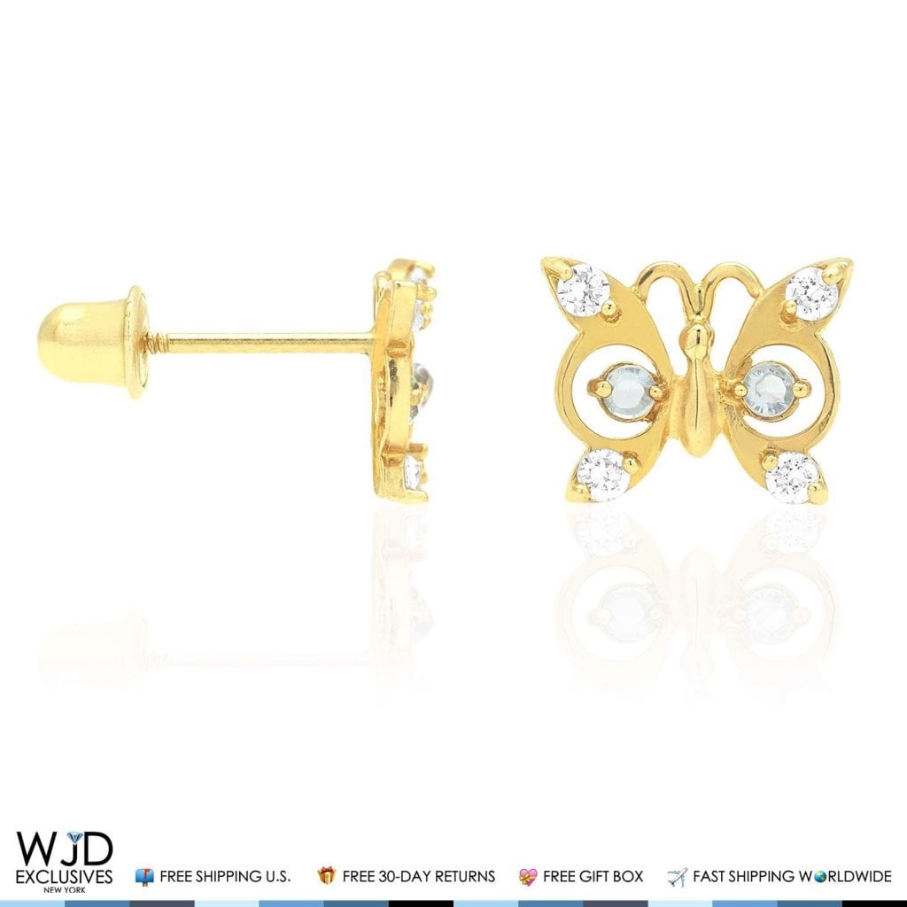 14K Yellow Gold White Zircon & Birthstone Butterfly Screw Back Stud Earrings