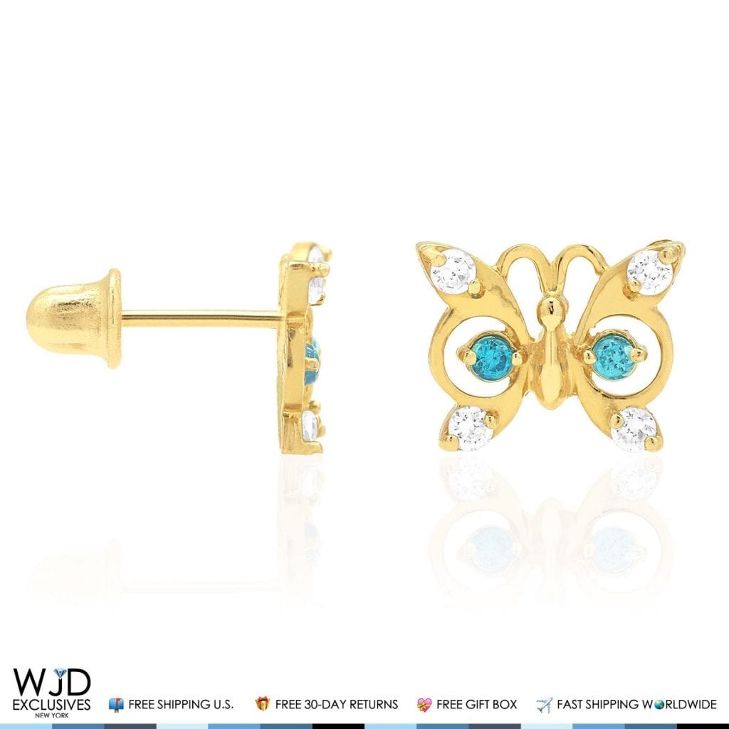 14K Yellow Gold White Zircon & Birthstone Butterfly Screw Back Stud Earrings