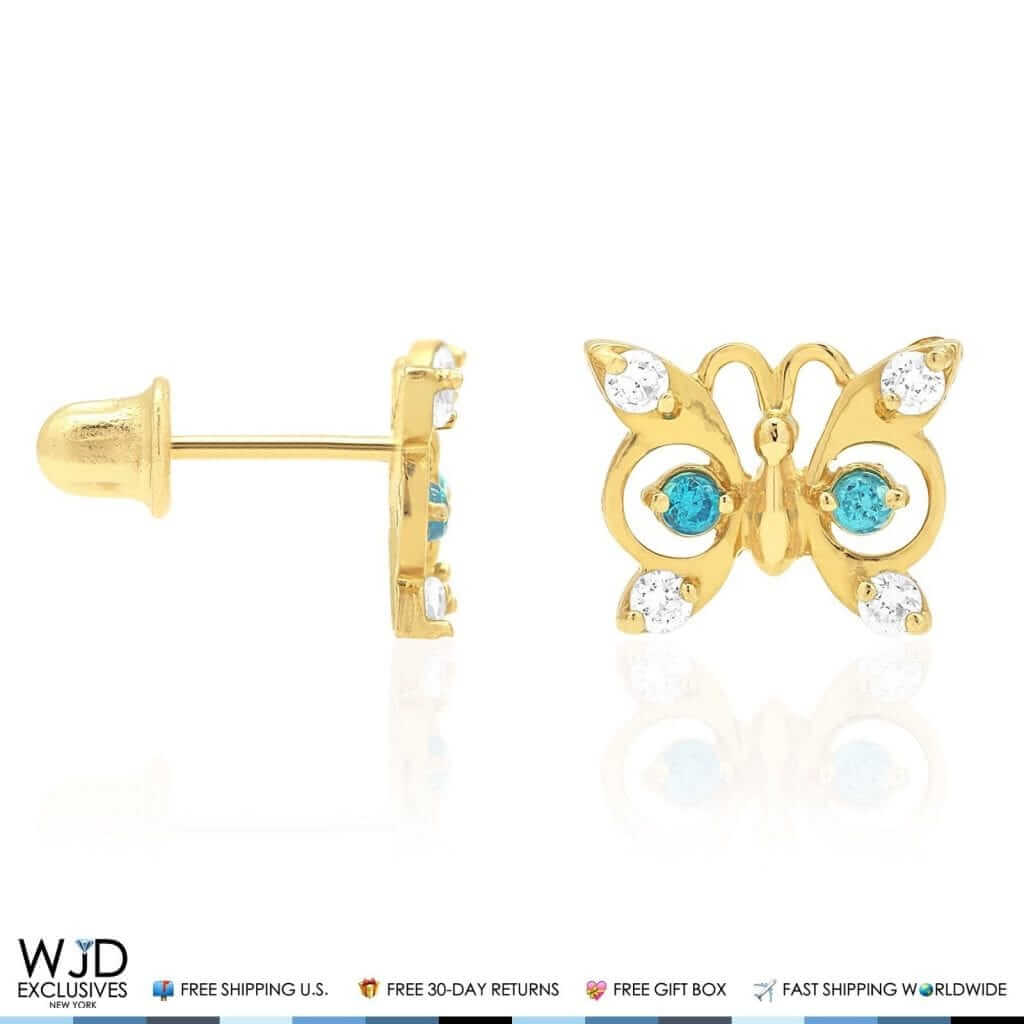 14K Yellow Gold White Zircon & Birthstone Butterfly Screw Back Stud Earrings