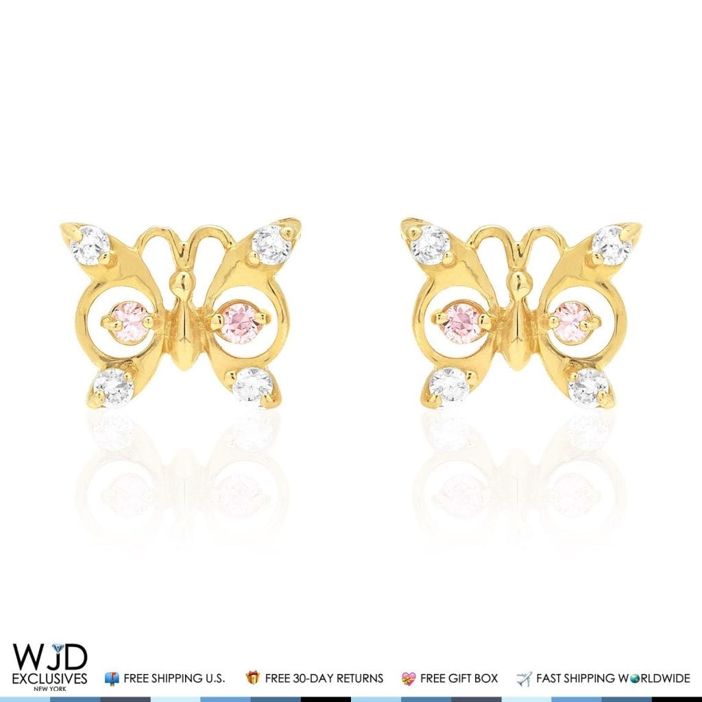 14K Yellow Gold White Zircon & Birthstone Butterfly Screw Back Stud Earrings