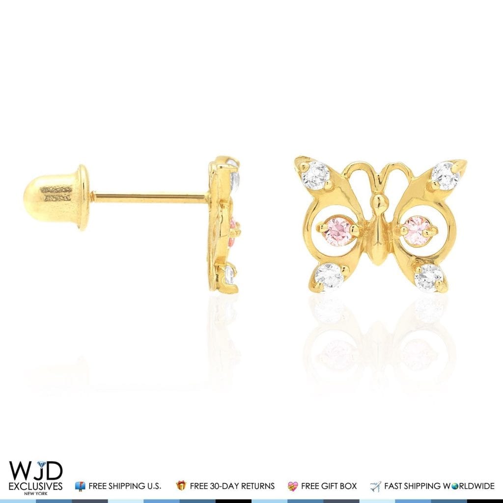 14K Yellow Gold White Zircon & Birthstone Butterfly Screw Back Stud Earrings
