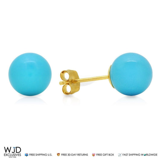 Real 14K Gold Blue Turquoise Push back Small Ball Stud Earrings 5mm
