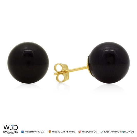 14k Real Yellow Gold Black Onyx Push back Ball Stud Earrings 9mm