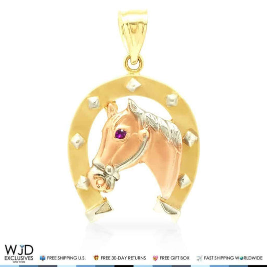 14k Solid Tri-Color Gold Red Ruby Eye Horse Shoe Lucky Charm 3D Pendant