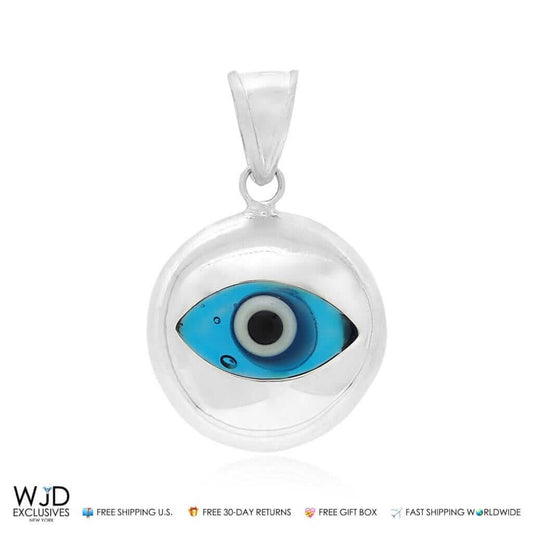 14K White Gold Good Luck Evil Eye Pendant 1"