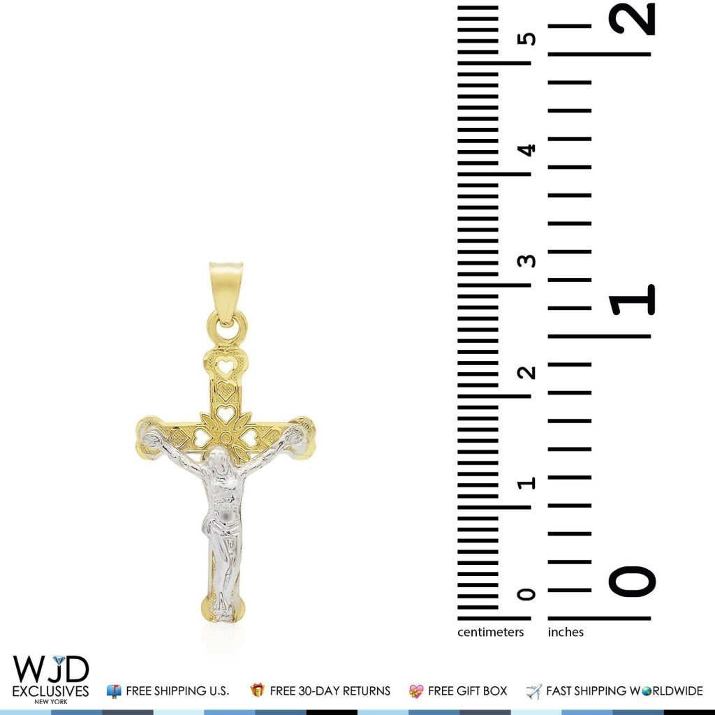 14k Solid Yellow And White Gold Jesus Crucifix Cross Religious Charm Pendant