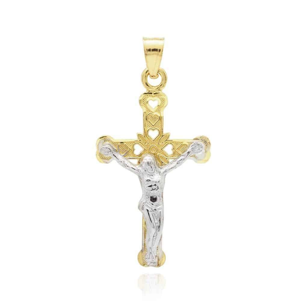 14k Solid Yellow And White Gold Jesus Crucifix Cross Religious Charm Pendant