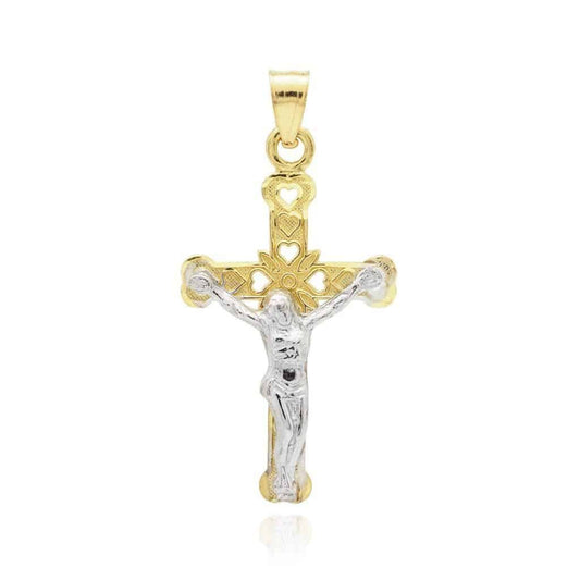 14k Solid Yellow And White Gold Jesus Crucifix Cross Religious Charm Pendant