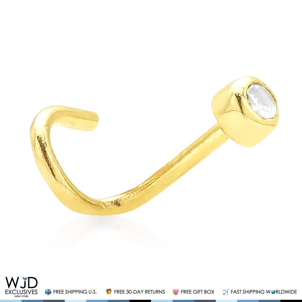 14K Real Gold CZ Bezel Set Nose Twist Screw Ring