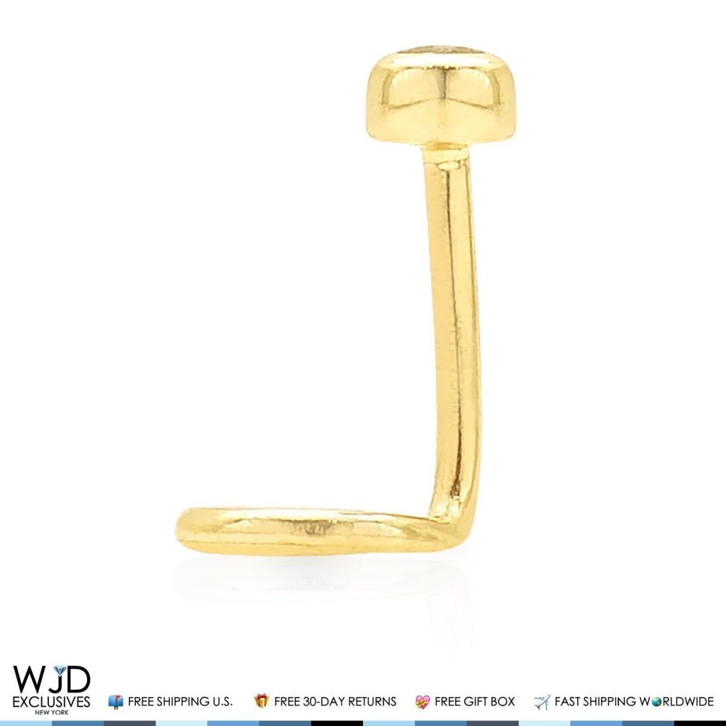 14K Real Gold CZ Bezel Set Nose Twist Screw Ring