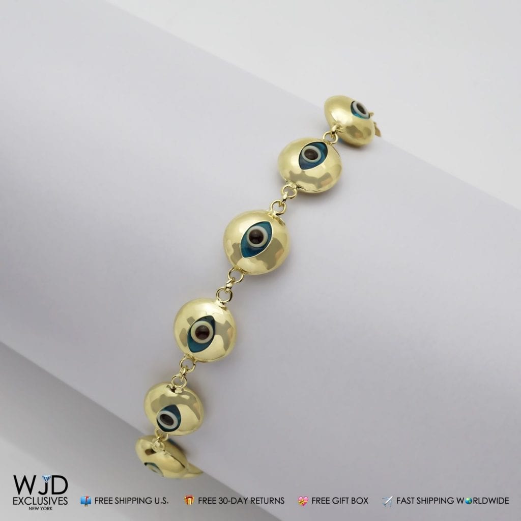 14k Gold Yellow Good Luck Evil Eye Cable Charm Bracelet 7"