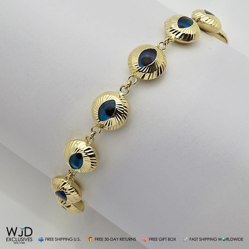 14k Yellow Gold Evil Eye Good Luck Charm Cable Bracelet 7.5"