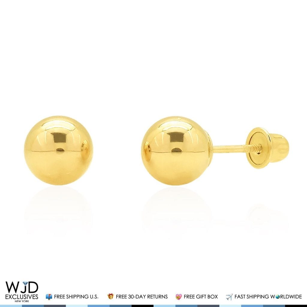 14k Solid Yellow Gold Screwback Round Ball Stud Earrings 6mm