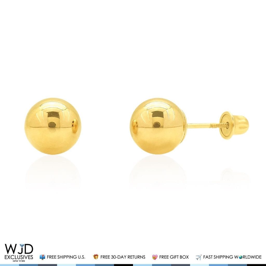 14k Solid Yellow Gold Screwback Round Ball Stud Earrings 7mm
