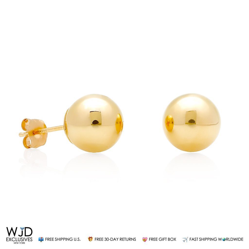 14k Solid Yellow Gold 8mm Ball Stud Pushback Earrings