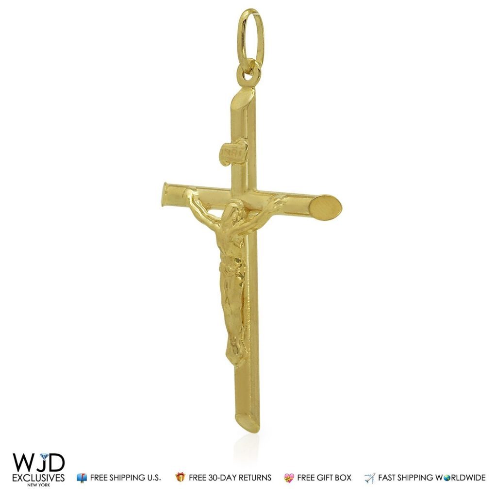14k Yellow Gold Jesus Crucifix Cross Religious Charm Pendant INRI 2"