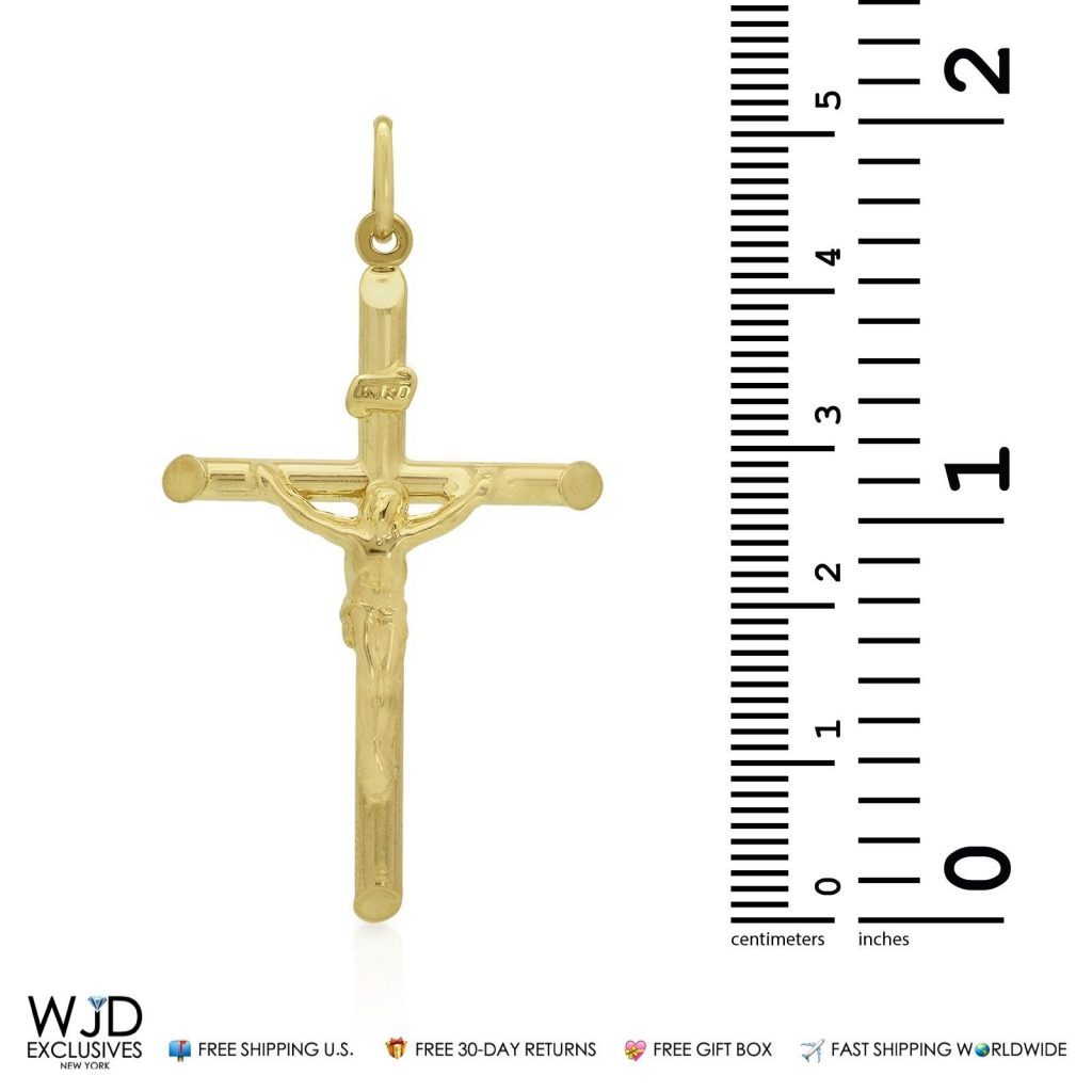 14k Yellow Gold Jesus Crucifix Cross Religious Charm Pendant INRI 2"