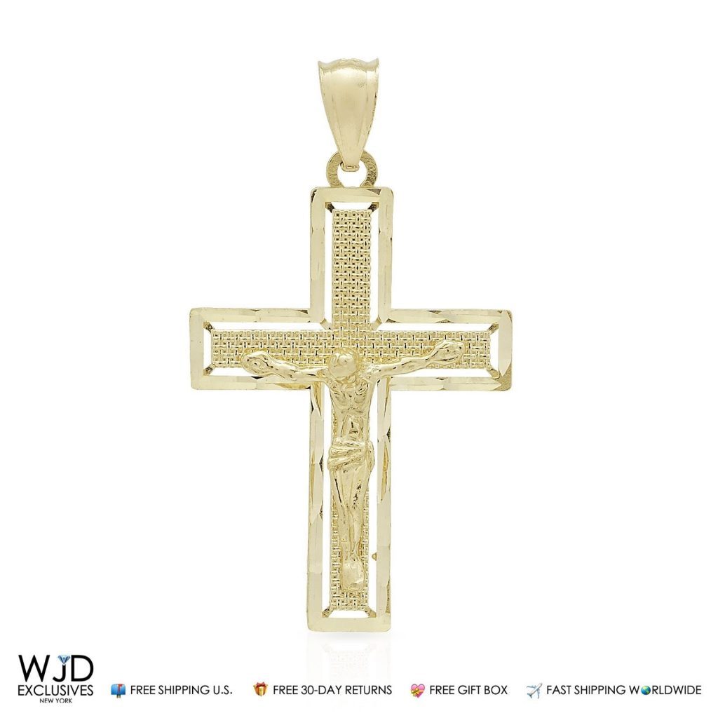 14k Solid Yellow Gold Jesus Crucifix Cross Religious Charm Pendant 1.6"