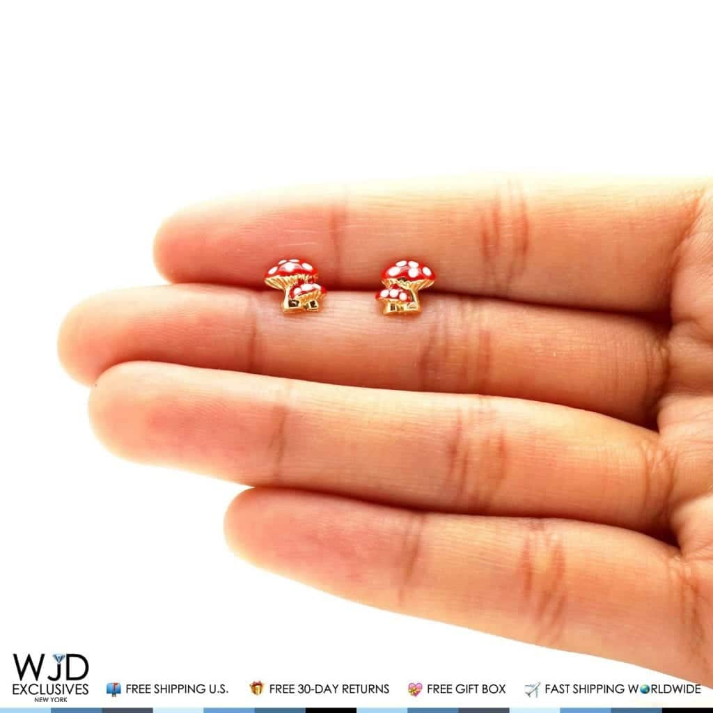 14k Solid Yellow Gold Red Enamel Mini Mushrooms Screwback Stud Earrings 7mm