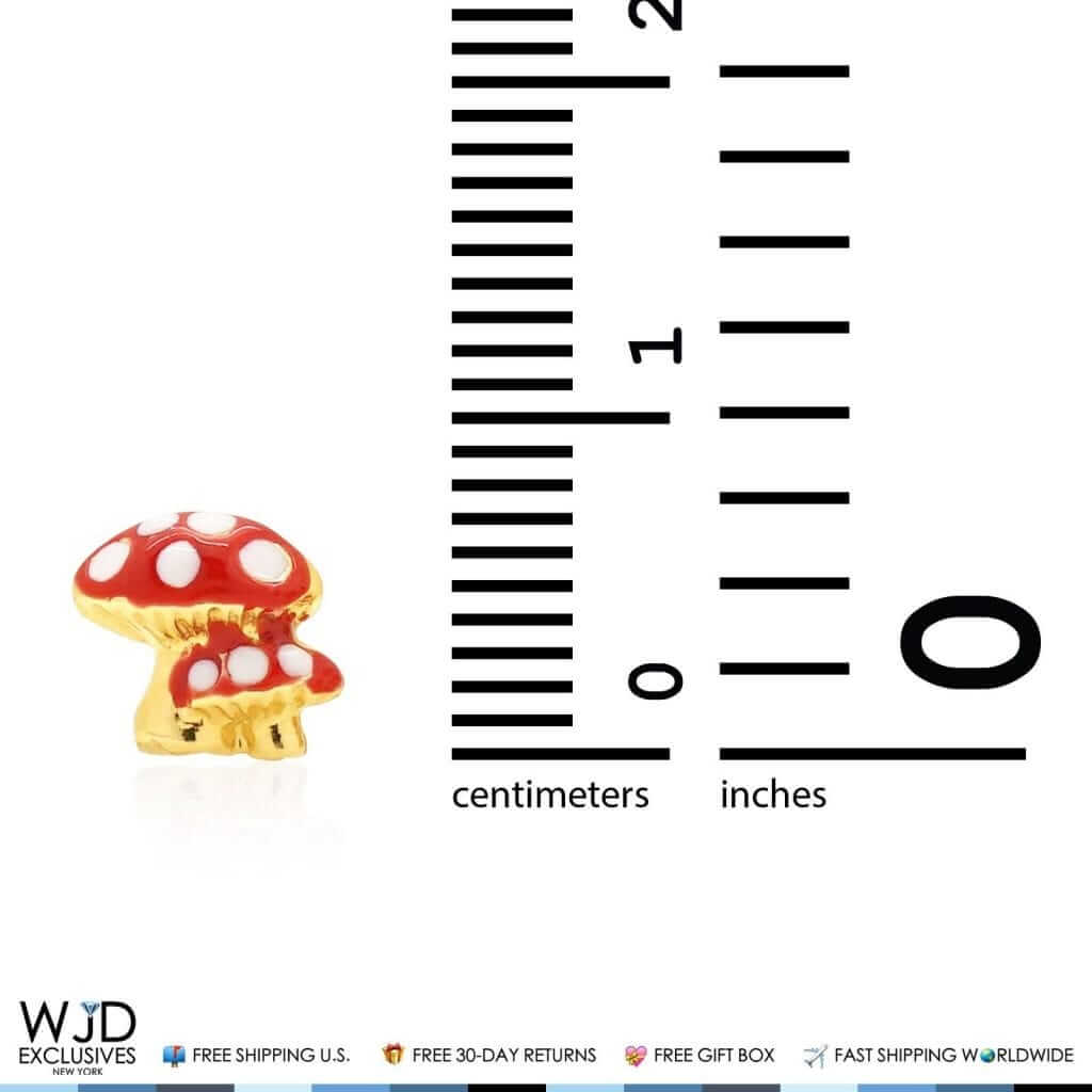 14K Yellow Gold Red Enamel Mini Mushrooms Screwback Stud Earrings 7mm