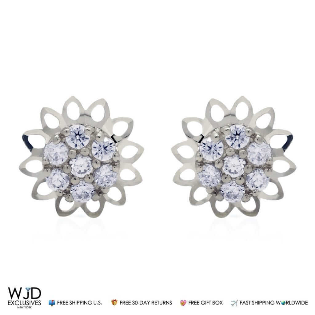 14k White Gold 0.40Ct CZ 9mm Diamond-Cut Flower Stud Earrings