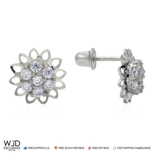 14k White Gold 0.40Ct CZ 9mm Diamond-Cut Flower Stud Earrings