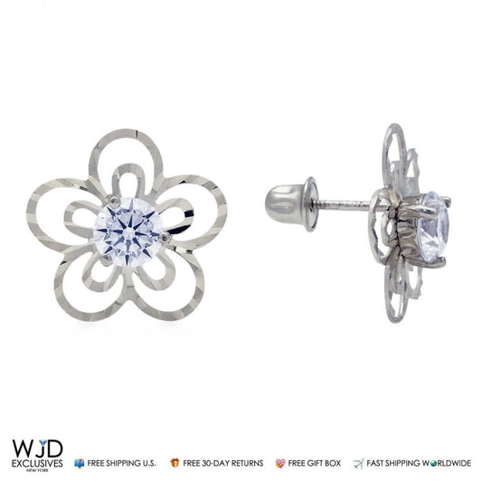 14k White Gold 0.40Ct CZ 9mm Flower Stud Earrings