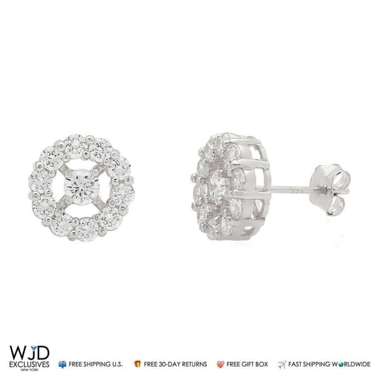 14k White Gold 1.25Ct CZ Halo Cluster Stud Earrings 9mm