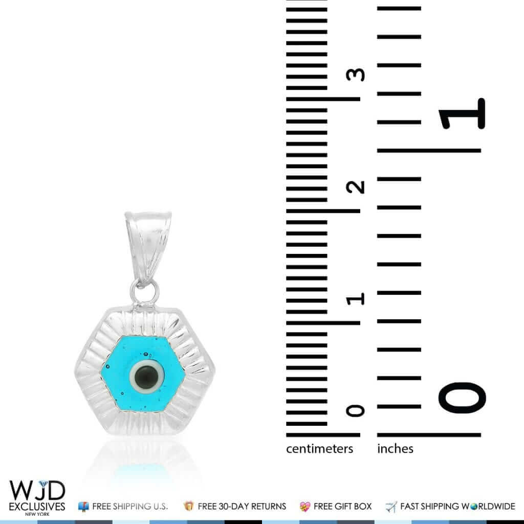 14k White Gold Hexagonal Shape Evil Eye Good Luck Pendant 0.8"