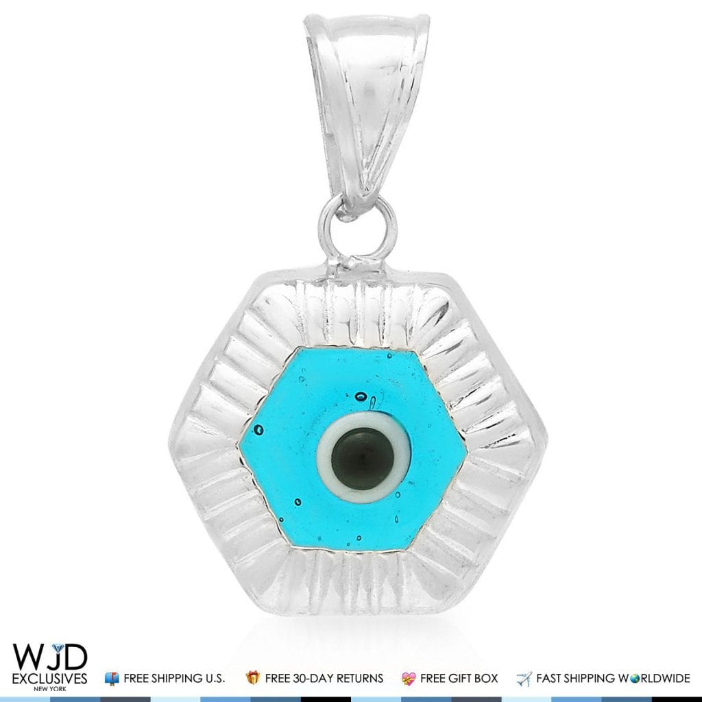 14k White Gold Hexagonal Shape Evil Eye Good Luck Charm Pendant 0.8"