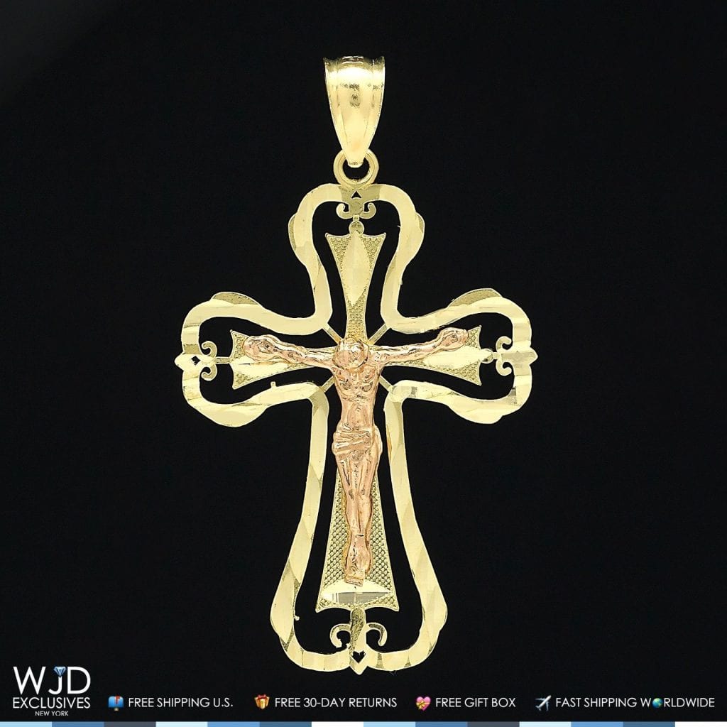 14k Yellow And Pink Gold Jesus Crucifix Cross Religious Charm Pendant