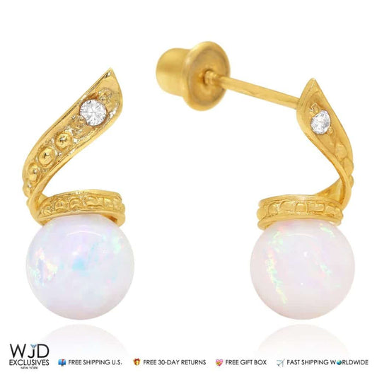 14k Yellow Gold 0.05Ct Diamond White Opal Dangle Ball Swirl Earrings 0.5"