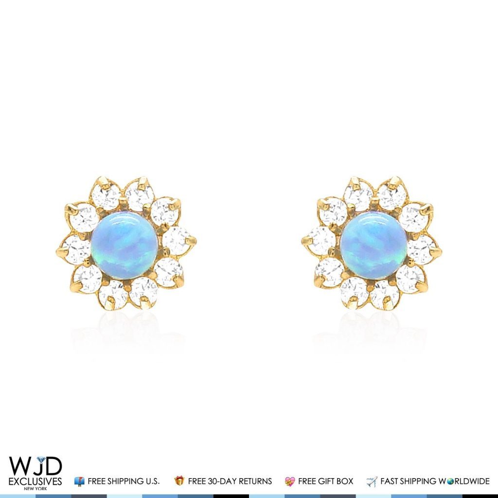 14k Yellow Gold 0.40Ct Created Diamond & Blue Opal Flower Shaped Stud Earrings