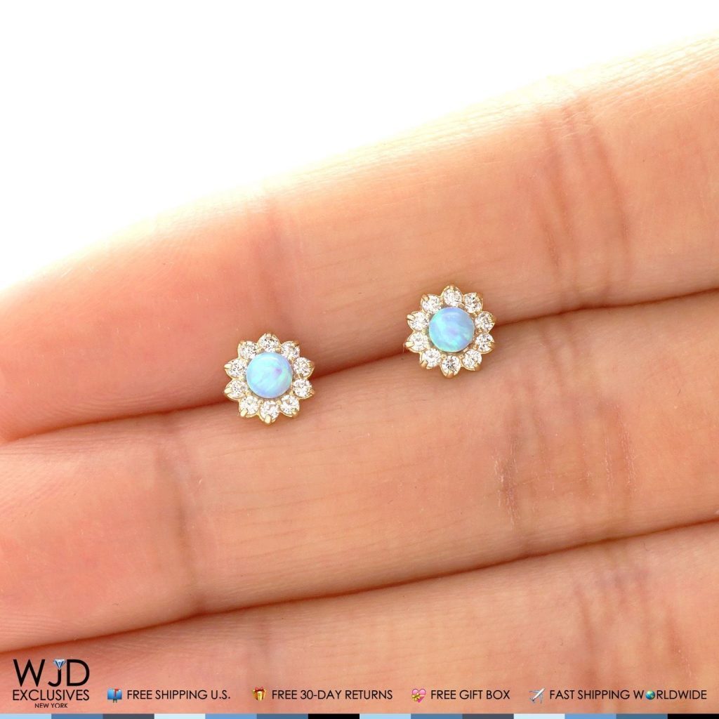 14k Yellow Gold 0.40Ct Created Diamond & Blue Opal Flower Shaped Stud Earrings