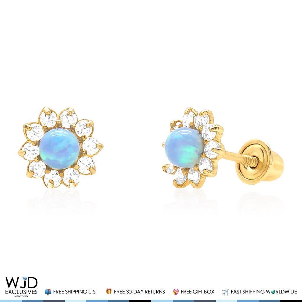 14k Yellow Gold 0.40Ct Created Diamond & Blue Opal Flower Shaped Stud Earrings