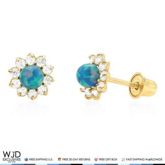 0.40CTW CZ 14k Yellow Gold Green Opal Flower Stud Earrings