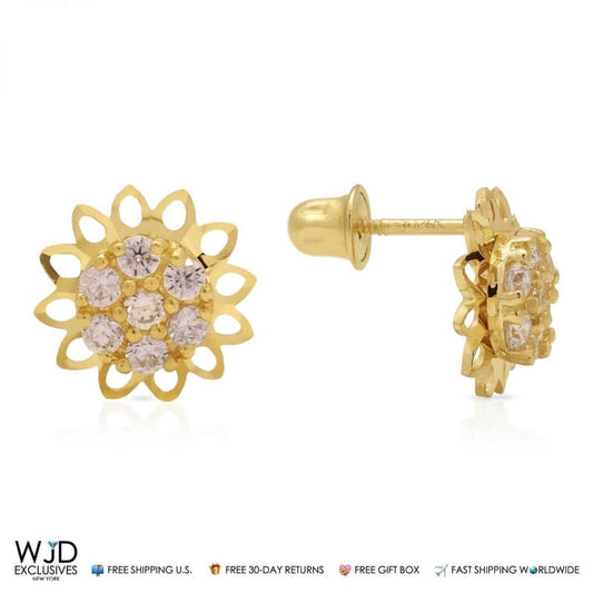 14k Yellow Gold 0.40Ct CZ Flower Stud Earrings 9mm